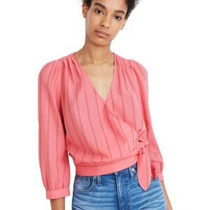 Madewell Top Womens XS Pink Red Wrap Cecilia Stripe Cotton Shirt 3/4 Sleeve